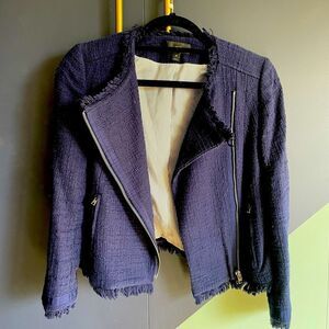 J Crew navy tweed moto-style jacket with 3/4 sleeves and frayed edges, Size 2P